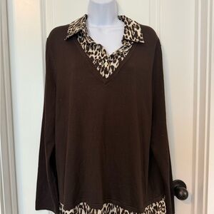 Investments Brown Boxy Long Sleeve Blouse with Notched Collar